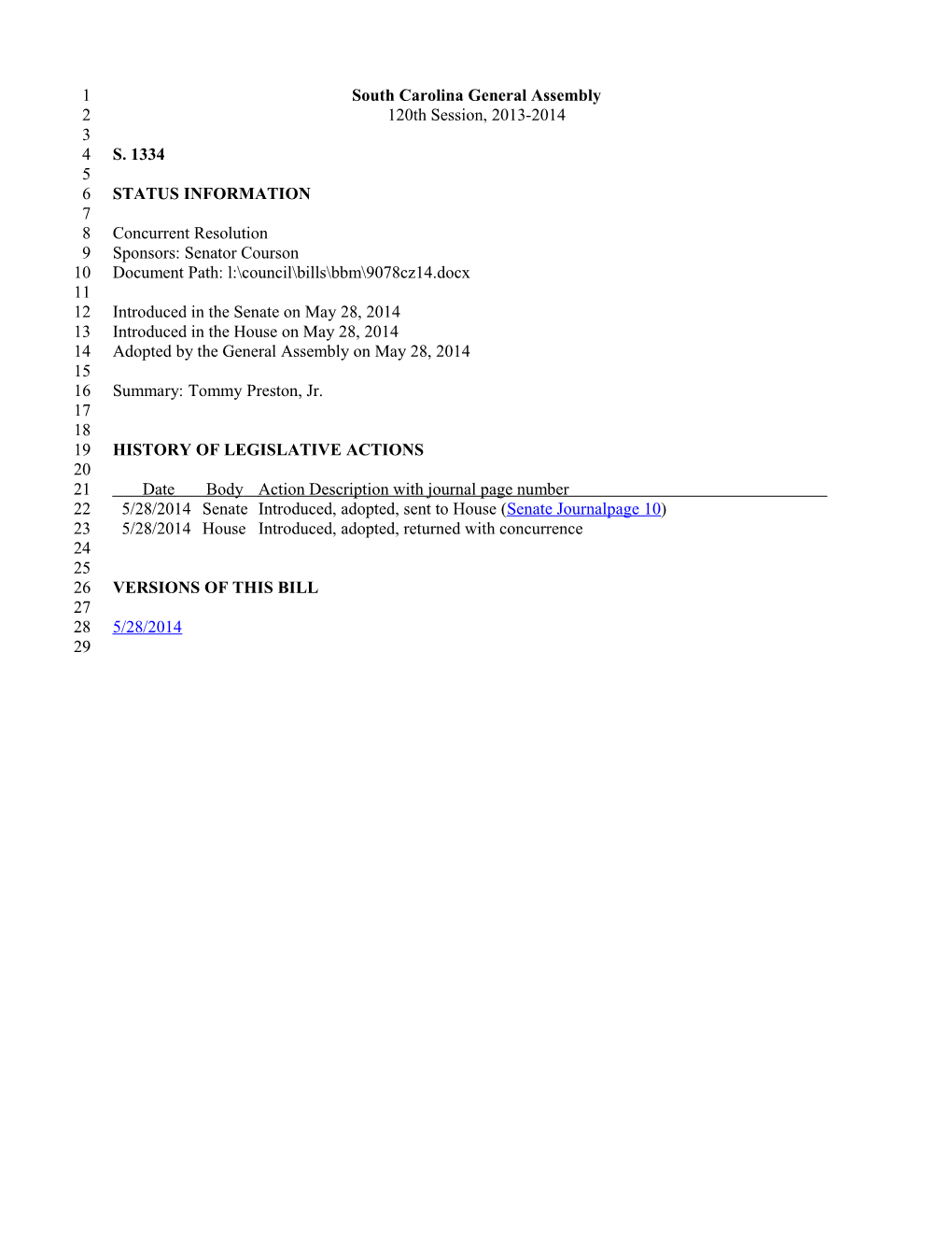 2013-2014 Bill 1334: Tommy Preston, Jr. - South Carolina Legislature Online