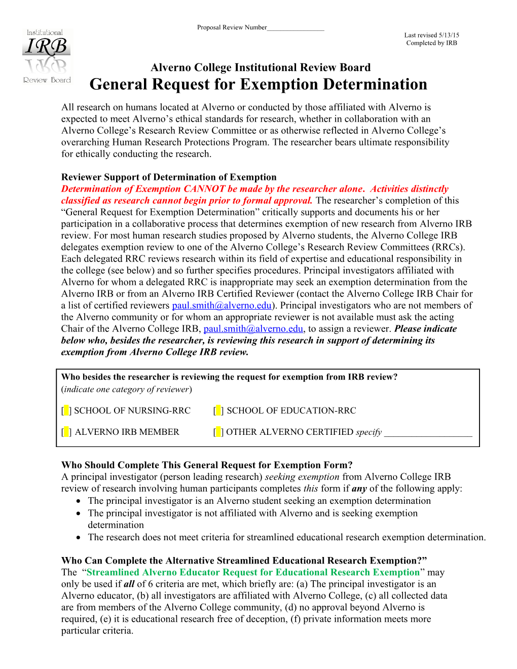 General Request for Exemption Determination