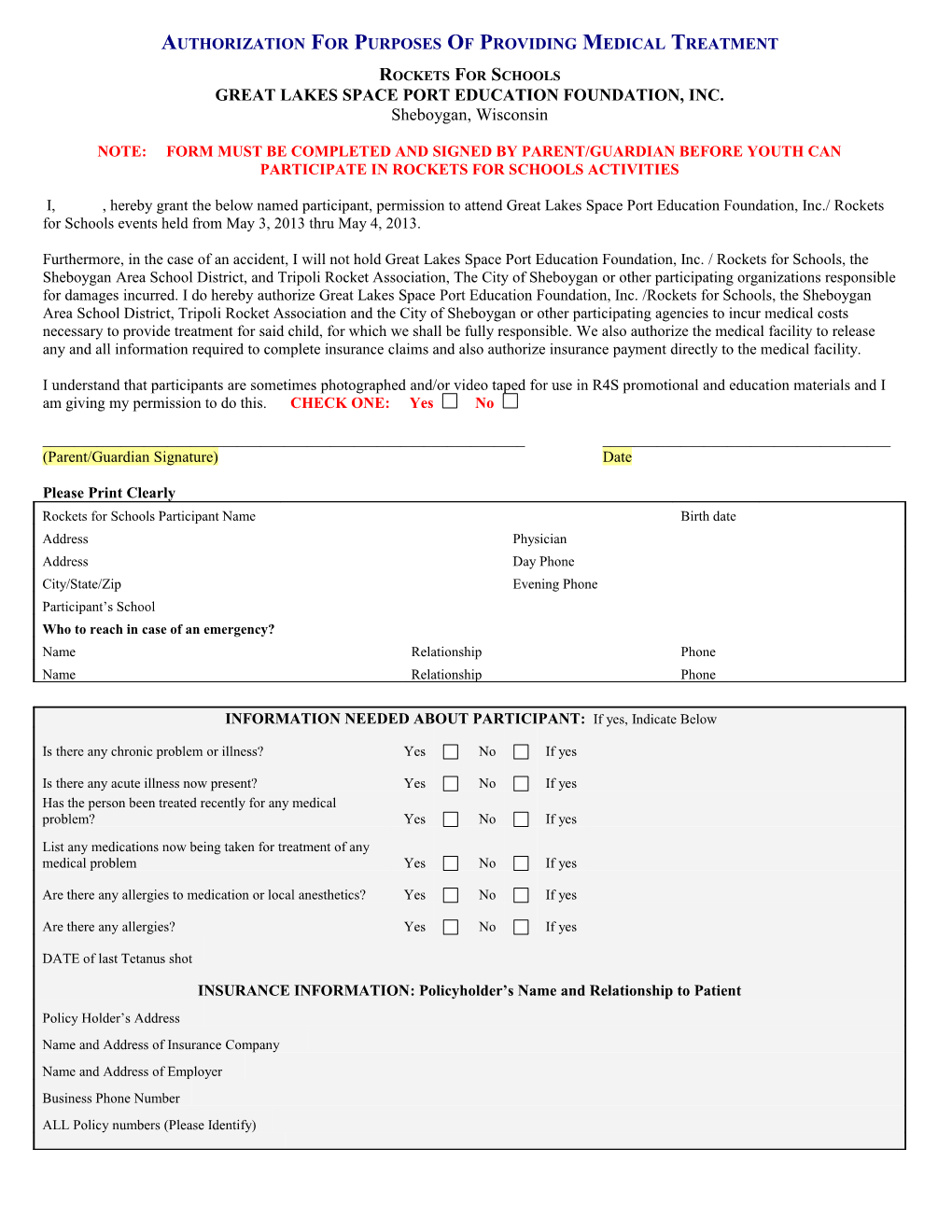 Authorization for Purposes of Providing Medical Treatment