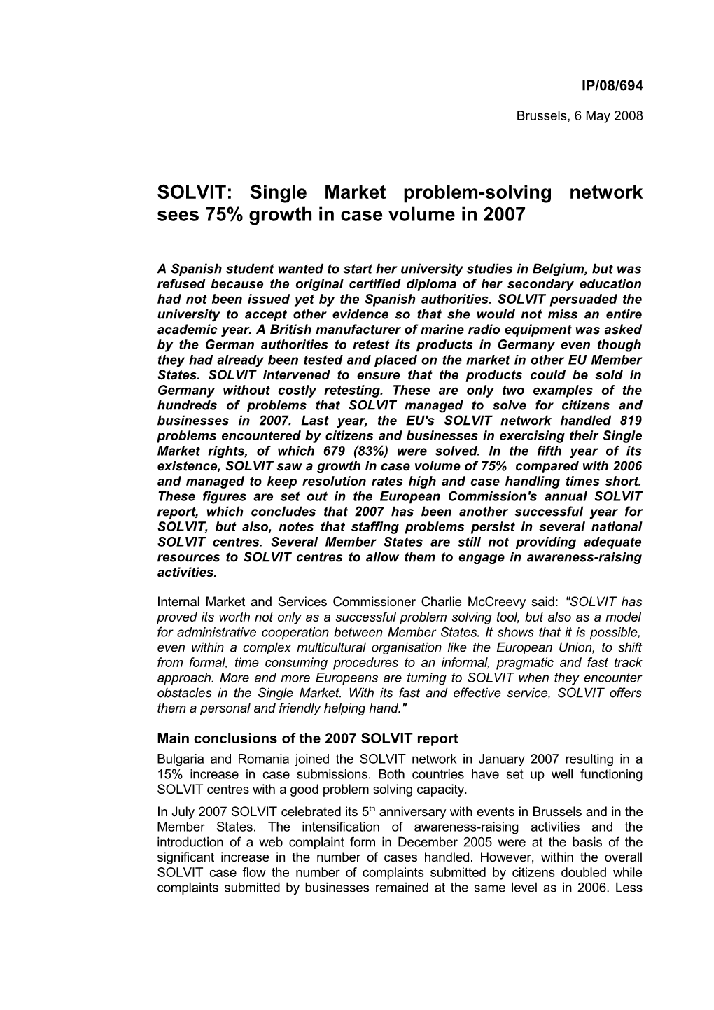 SOLVIT: Single Market Problem-Solving Network Sees 75% Growth in Case Volume in 2007