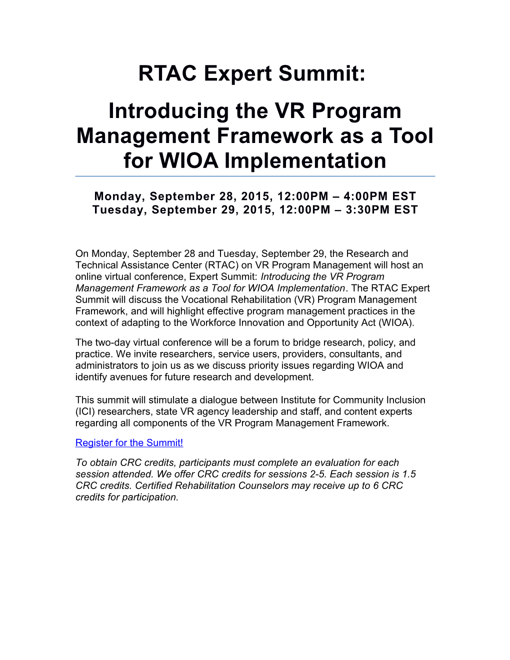 Introducing the VR Program Management Framework As a Tool for WIOA Implementation