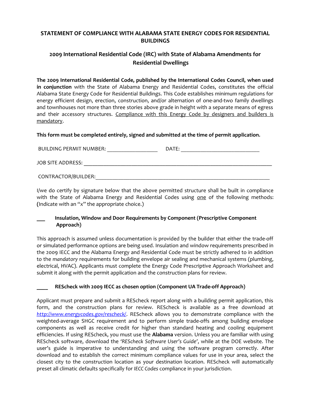 Statement of Compliance with Alabama State Energy Codes for Residential Buildings