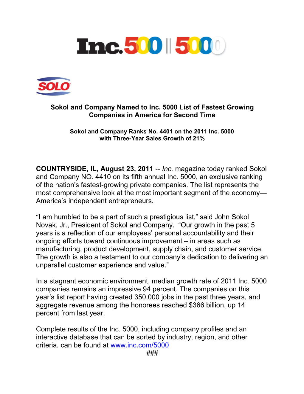 Sokol and Company Named to Inc. 5000 List of Fastest Growing Companies in America For
