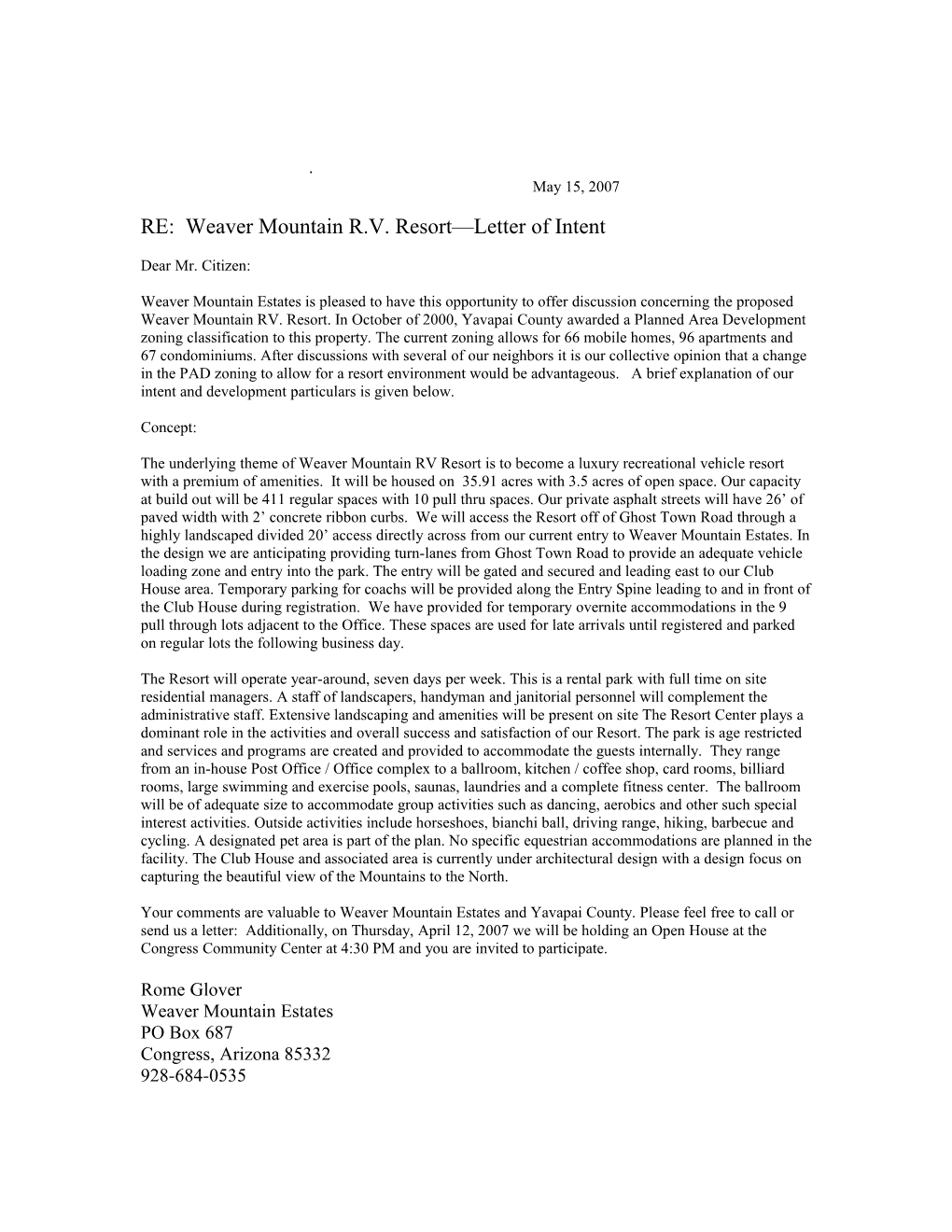 RE: Weavermountain R.V. Resort Letter of Intent