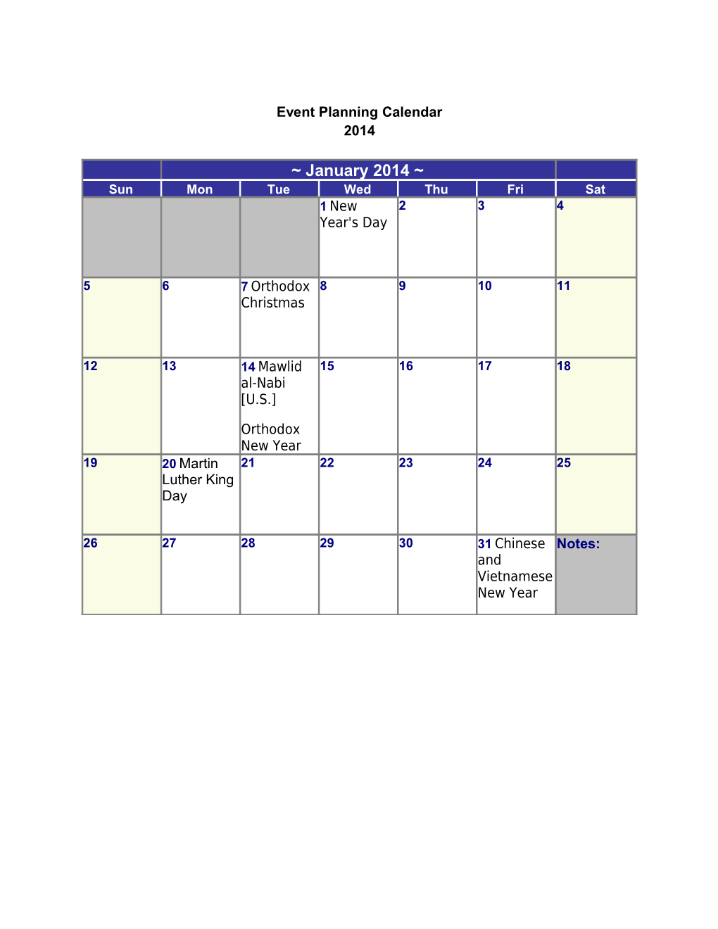 Event Planning Calendar
