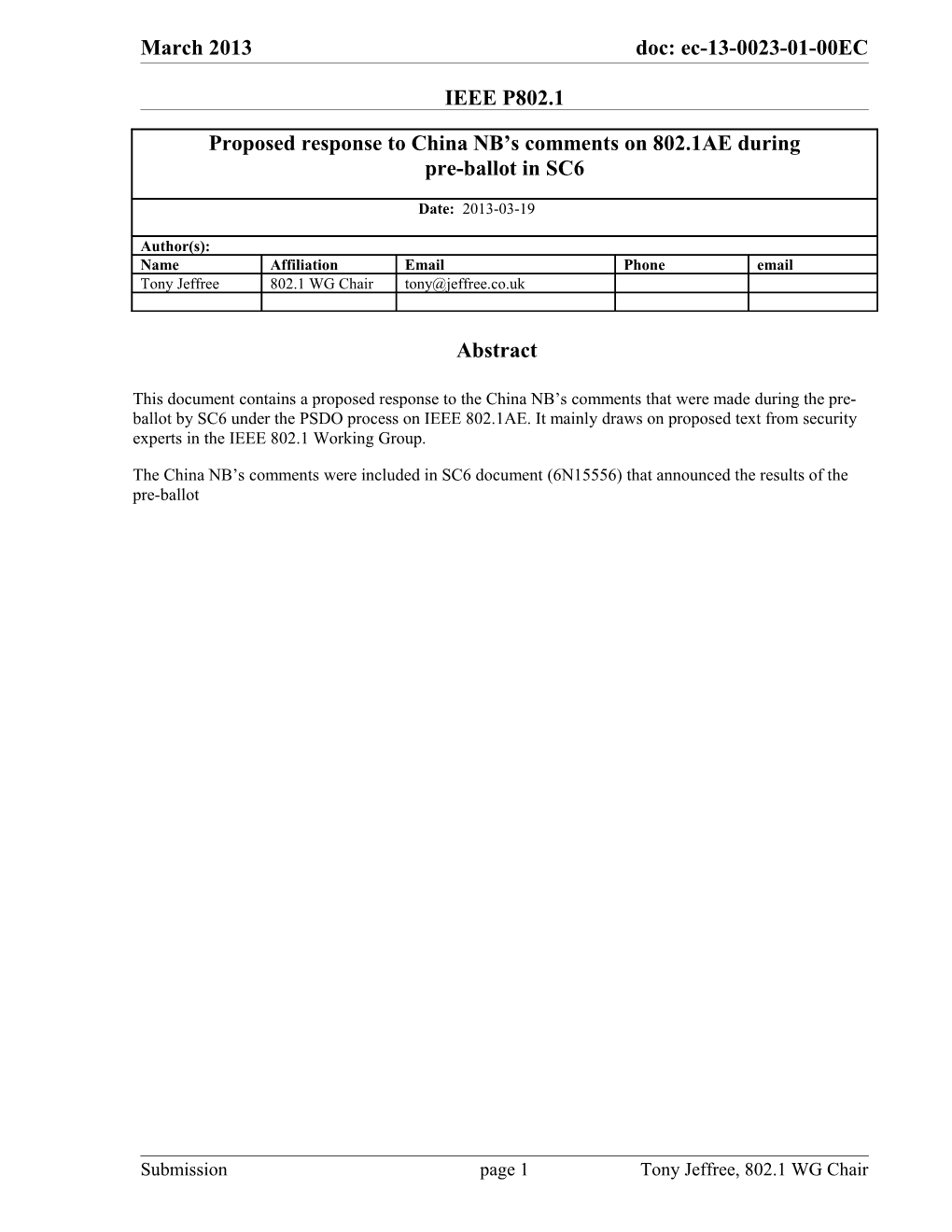 Proposed IEEE 802 Responses to China NB Comments on IEEE 802.1AE During Pre-Ballot Under PSDO