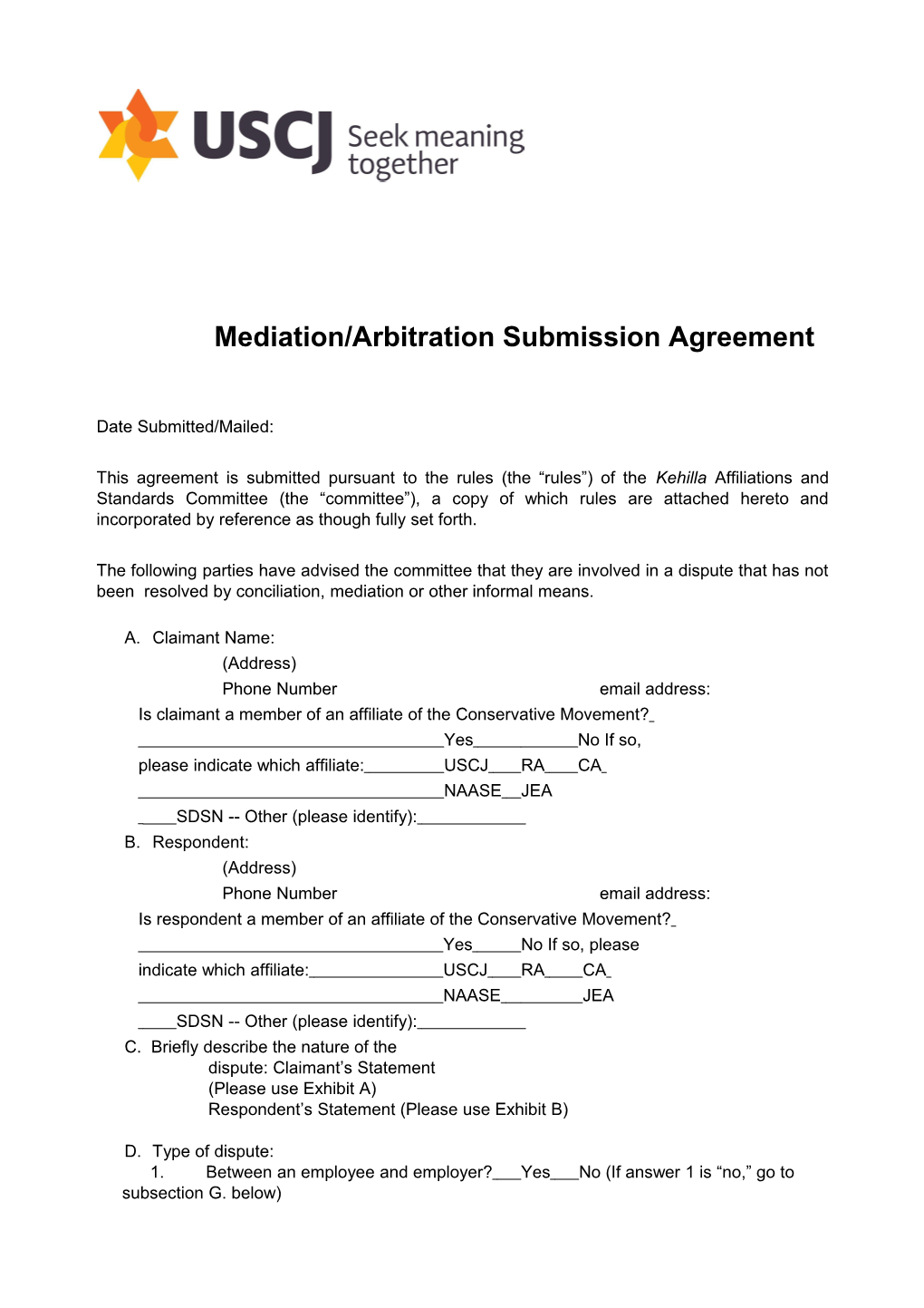 Mediation/Arbitration Submission Agreement