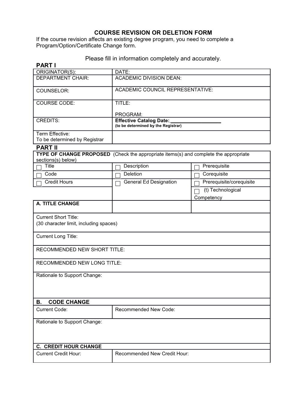 Course Revision Or Deletion Form