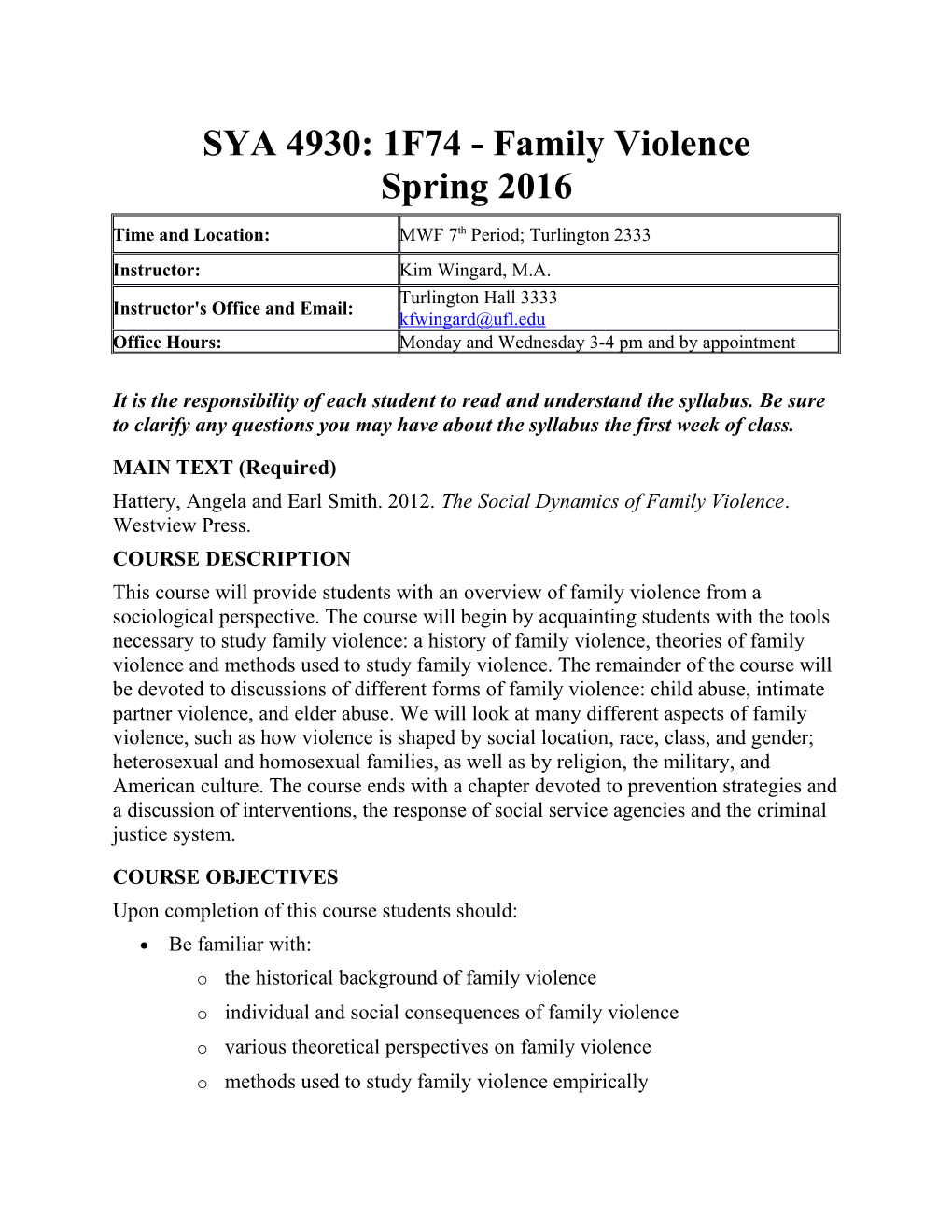 SYA 4930: 1F74 - Family Violence Spring 2016