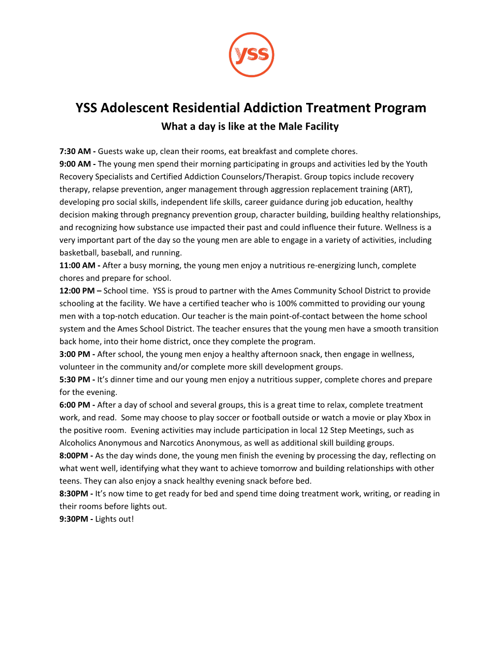 YSS Adolescent Residential Addiction Treatment Program