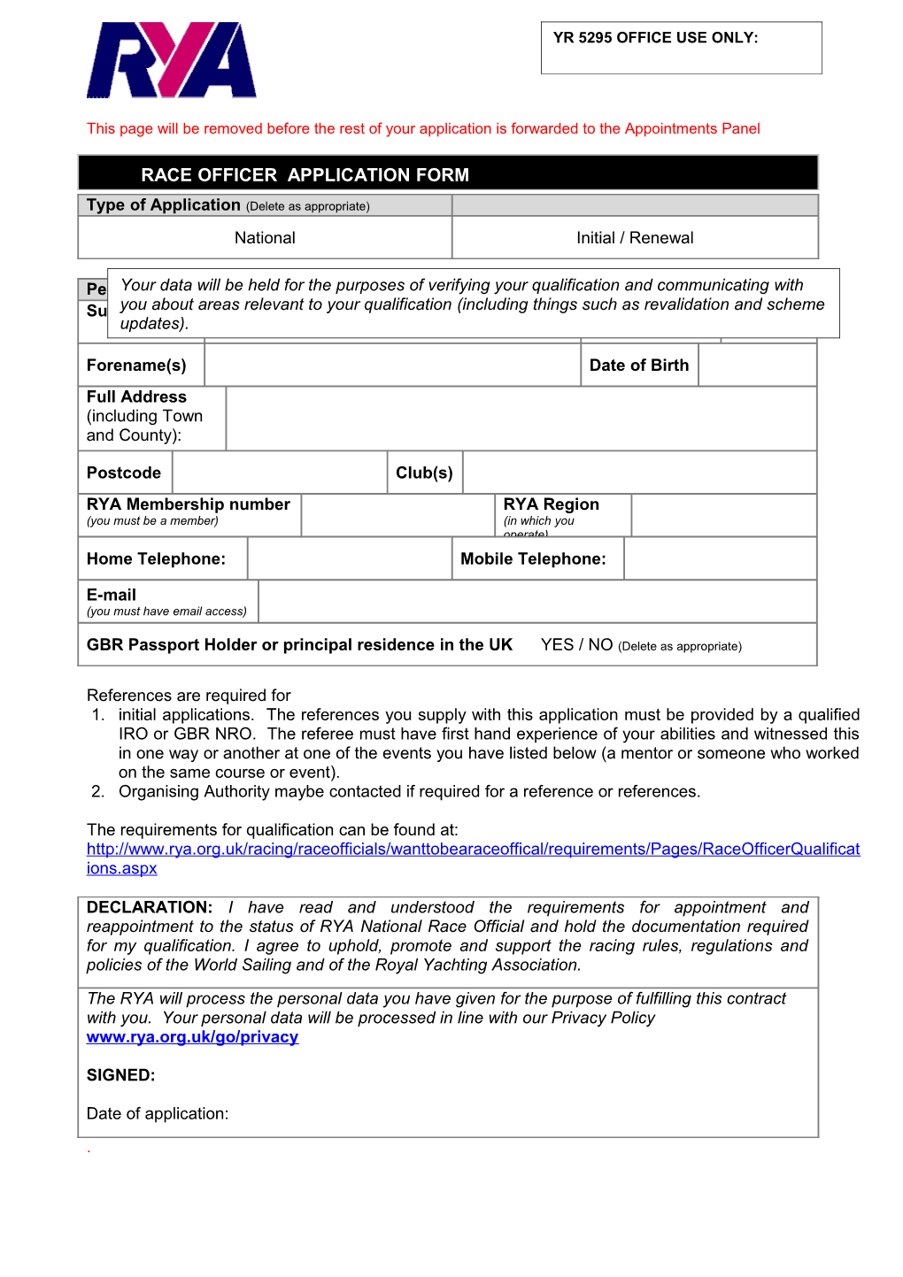 Race Officer Application Form