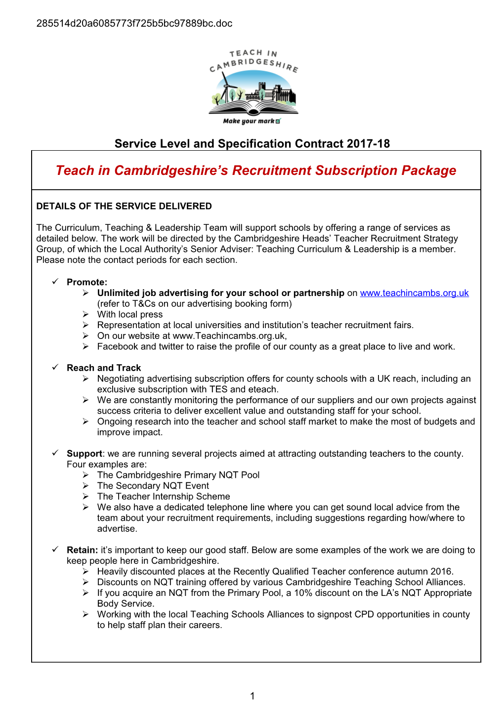 Service Specification (To Be Included in the Overarching Contract Between the Academy/Local