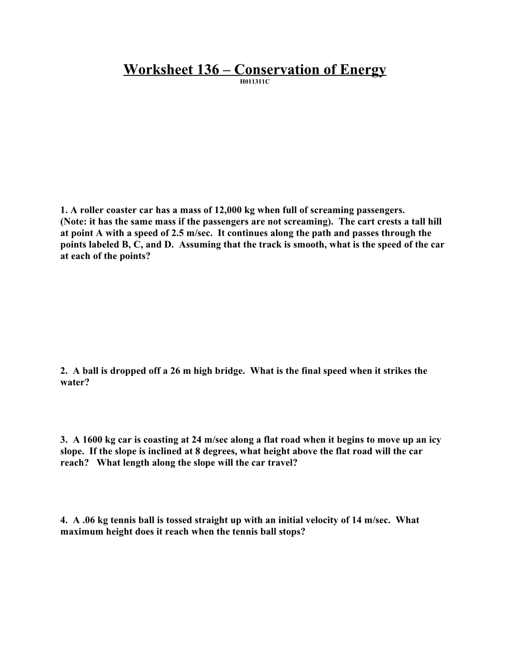 Worksheet 38 Conservation of Energy