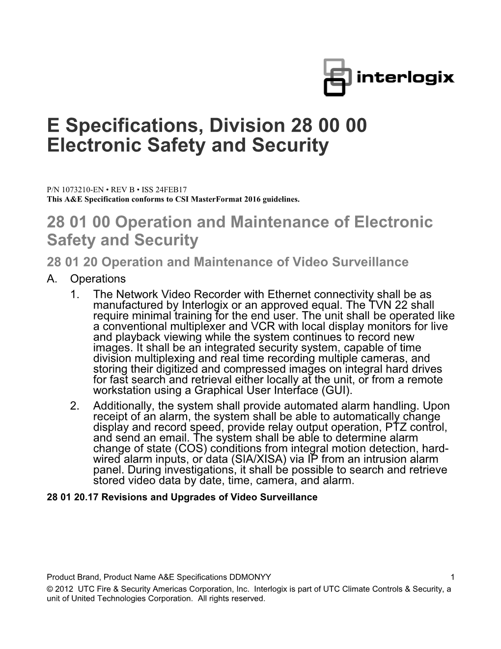 Truvision NVR 22 Plus (TVN 22) A&E Specifications, Division 28 00 00 Electronic Safety