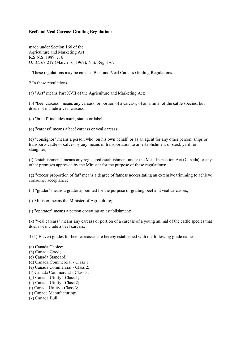 Beef and Veal Carcass Grading Regulations