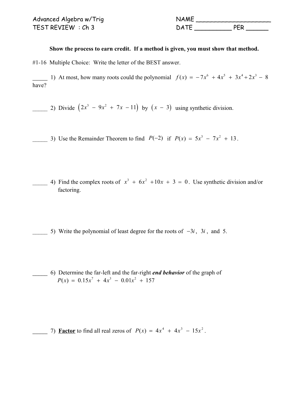 Advanced Algebra with Trigonometry: Quiz Ch 4 #1