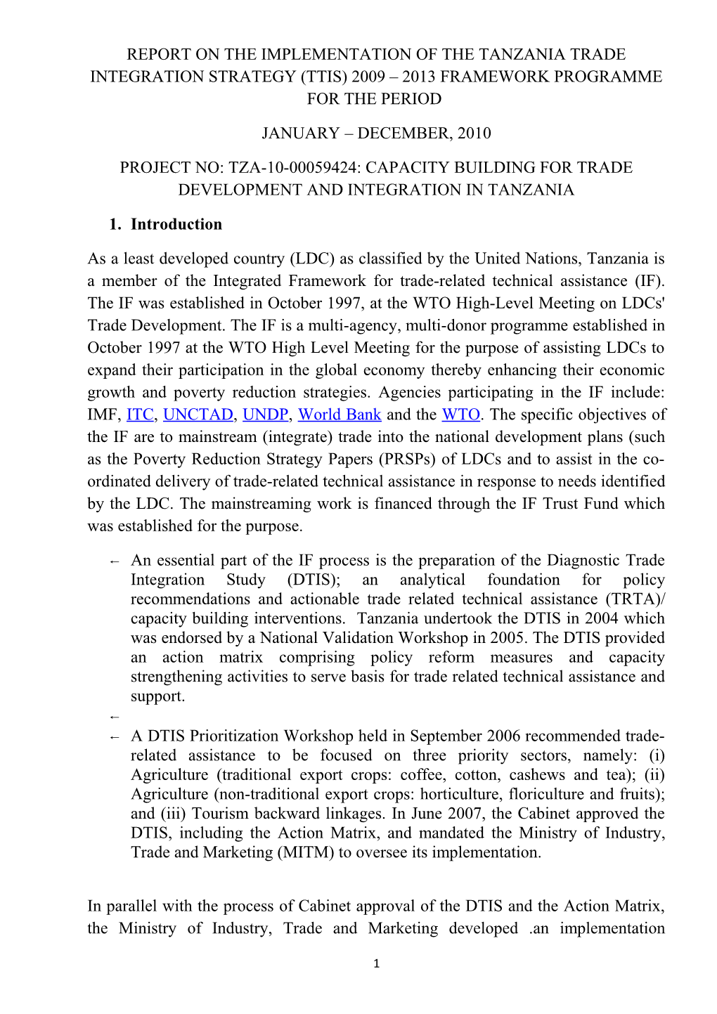 Report on the Implementation of the Tanzania Trade Integration Strategy (Ttis) 2009 2013