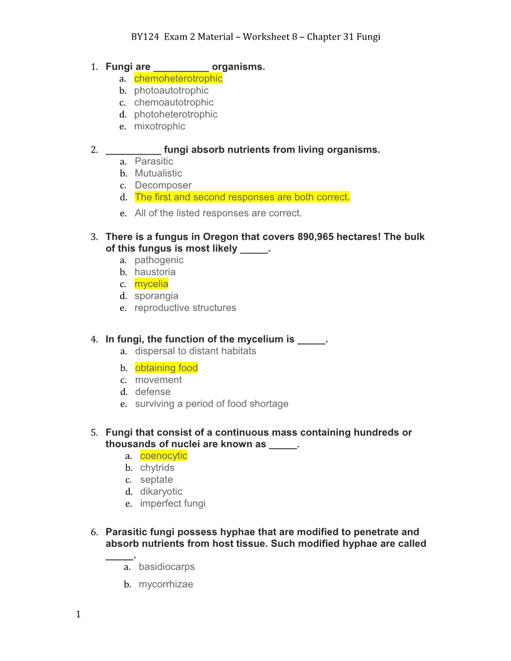 BY124 Exam 2 Material Worksheet 8 Chapter 31 Fungi