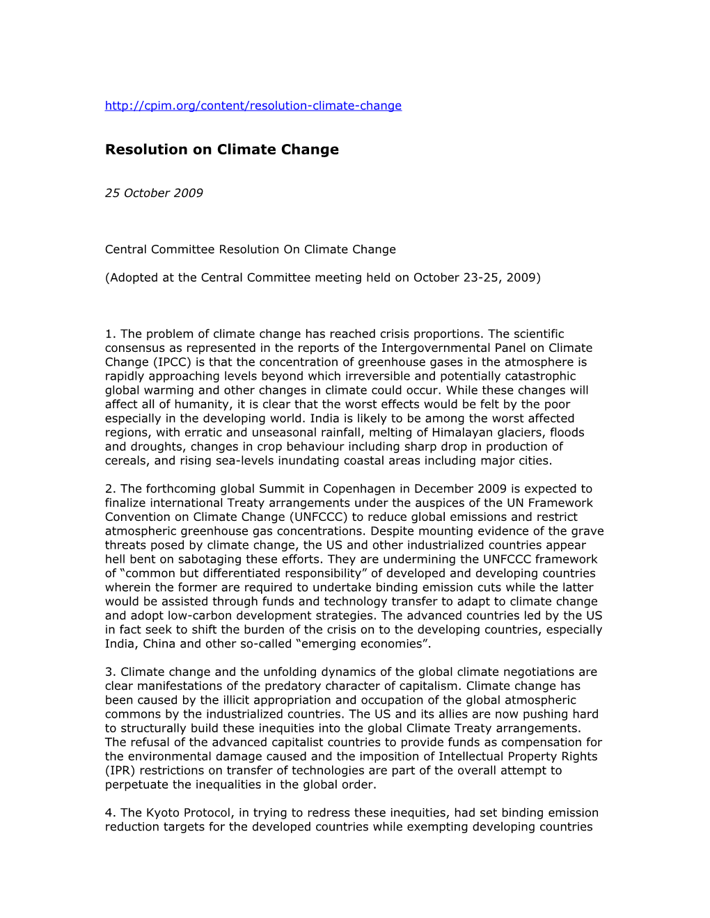 Resolution on Climate Change