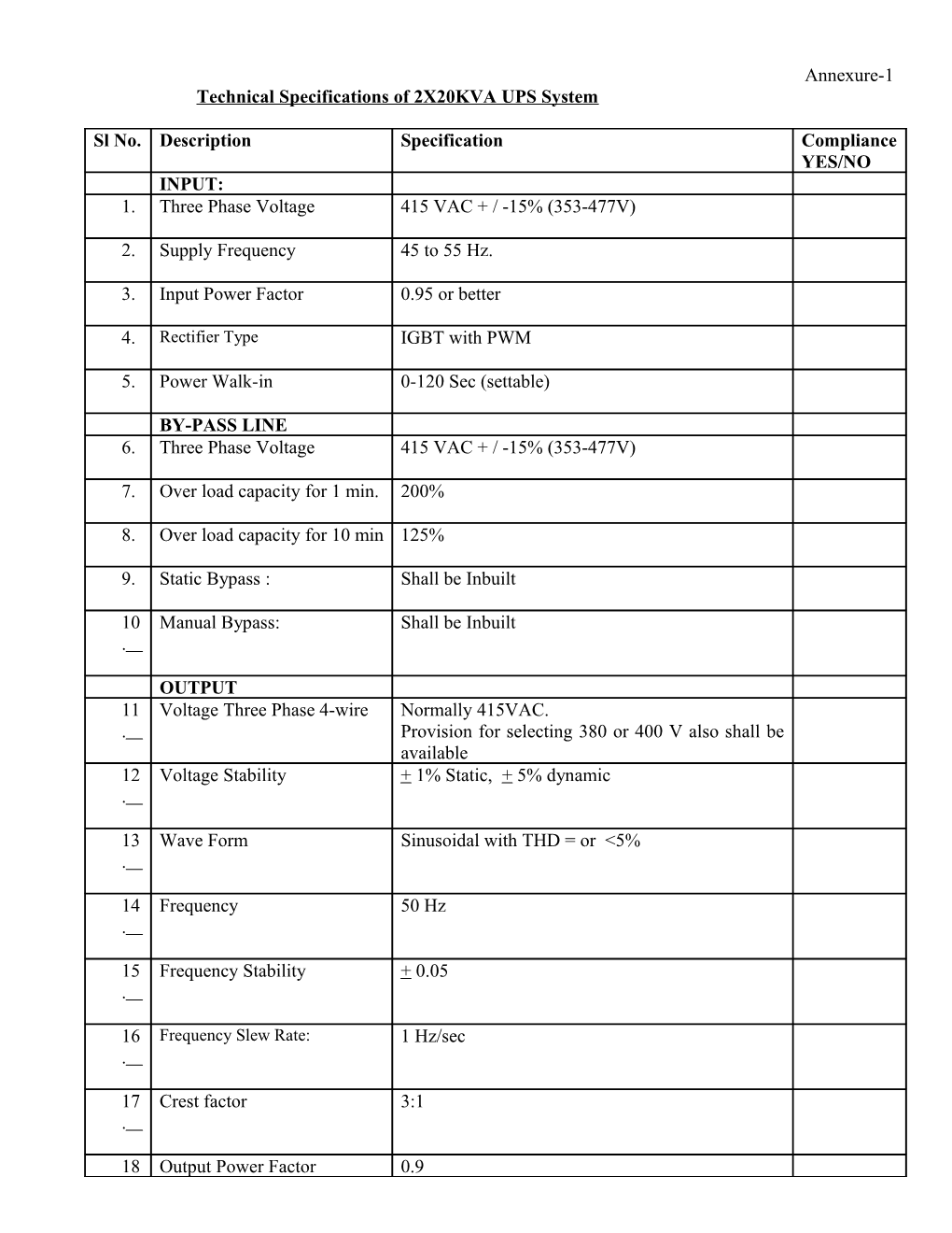 Specifications of Ups