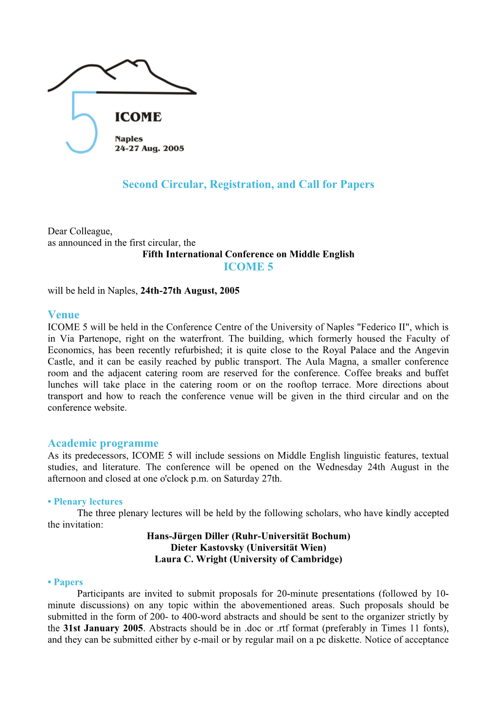 Second Circular, Registration, and Call for Papers