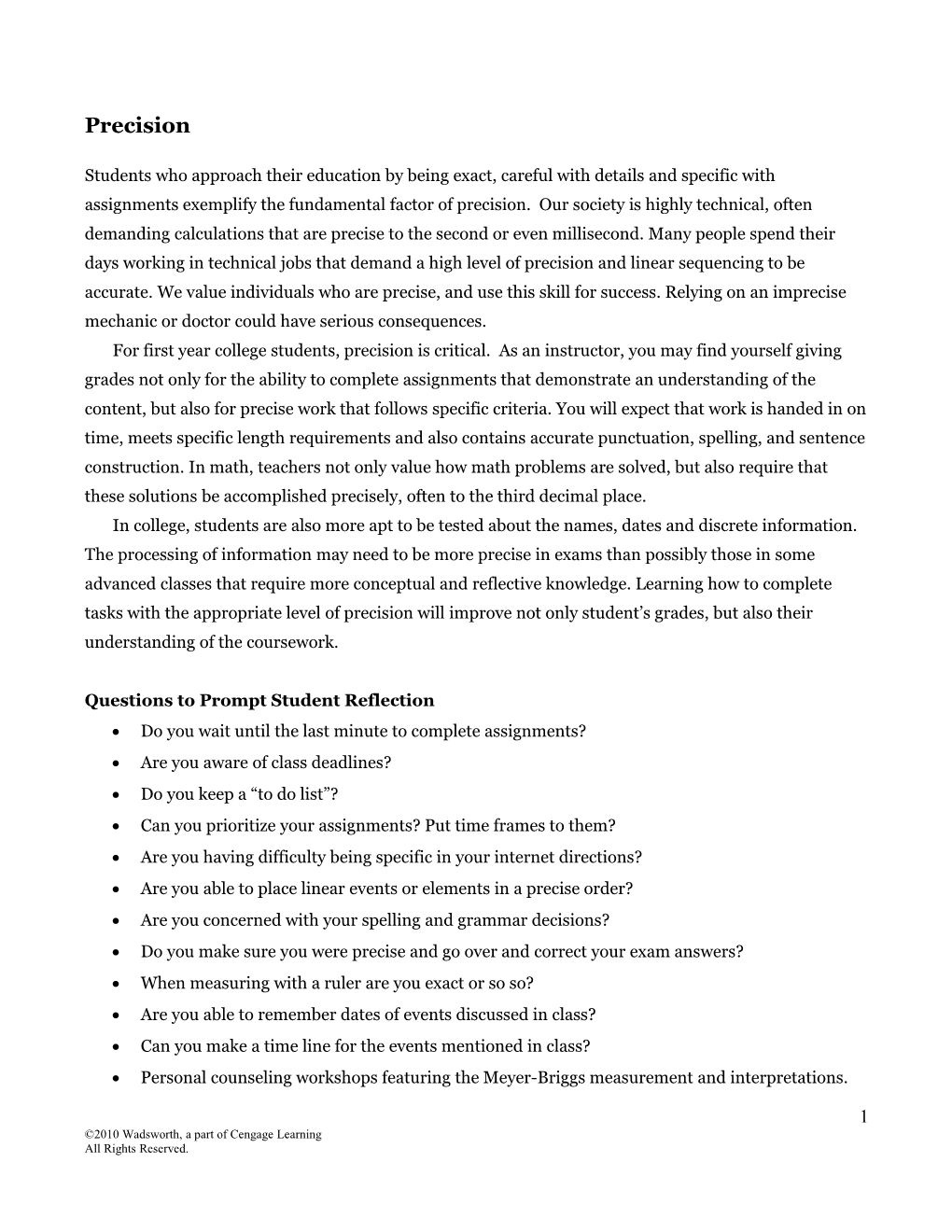Questions to Prompt Student Reflection
