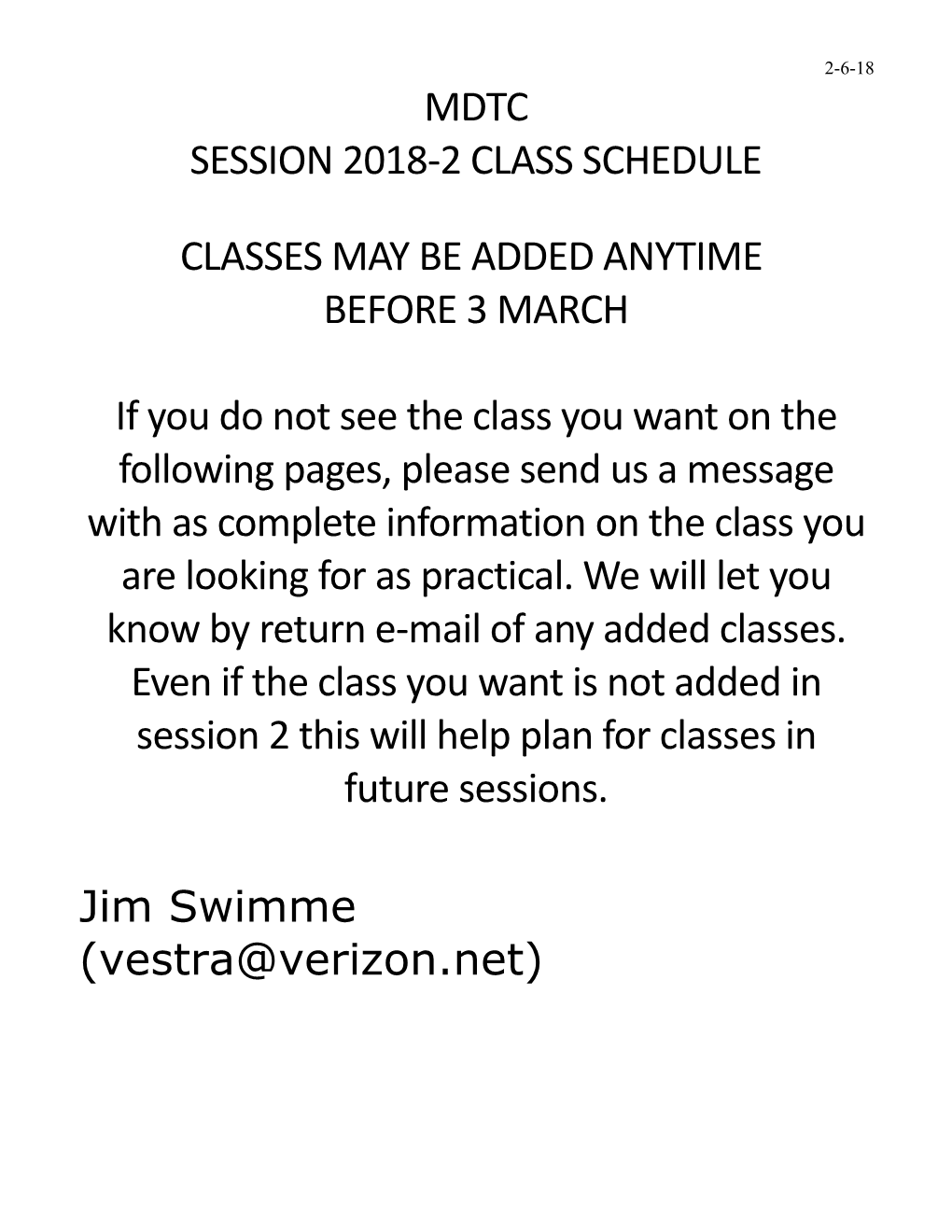 Session 2018-2 Class Schedule