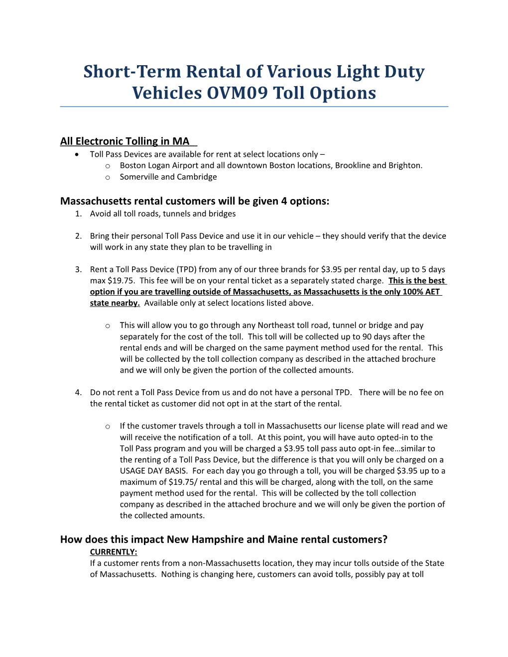 Short-Term Rental of Various Light Duty Vehicles OVM09 Toll Options