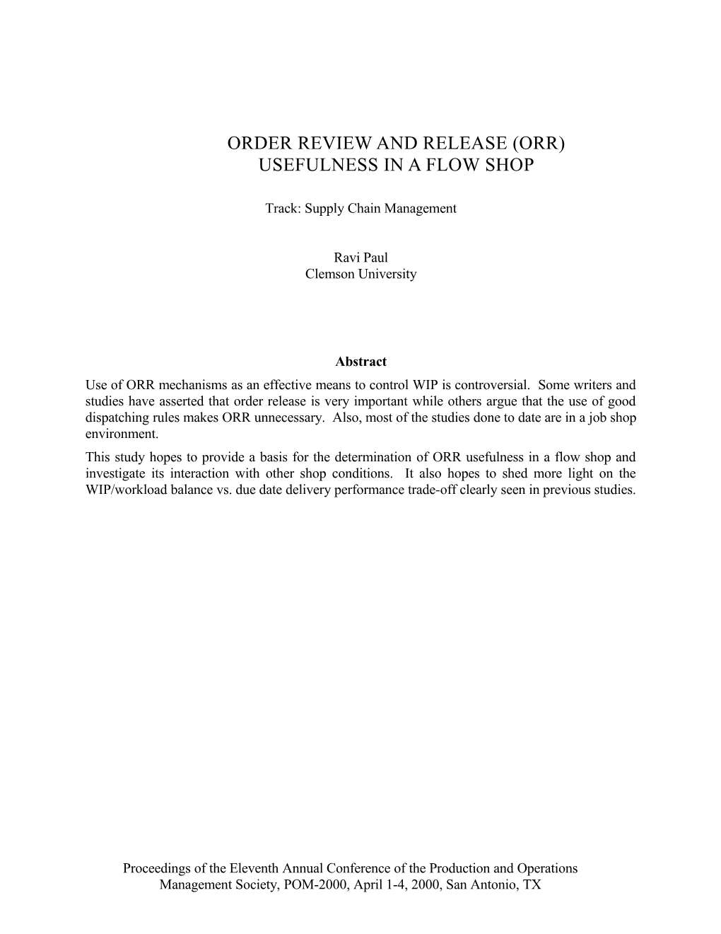 ORR Paper for POMS 2000 Proceedings