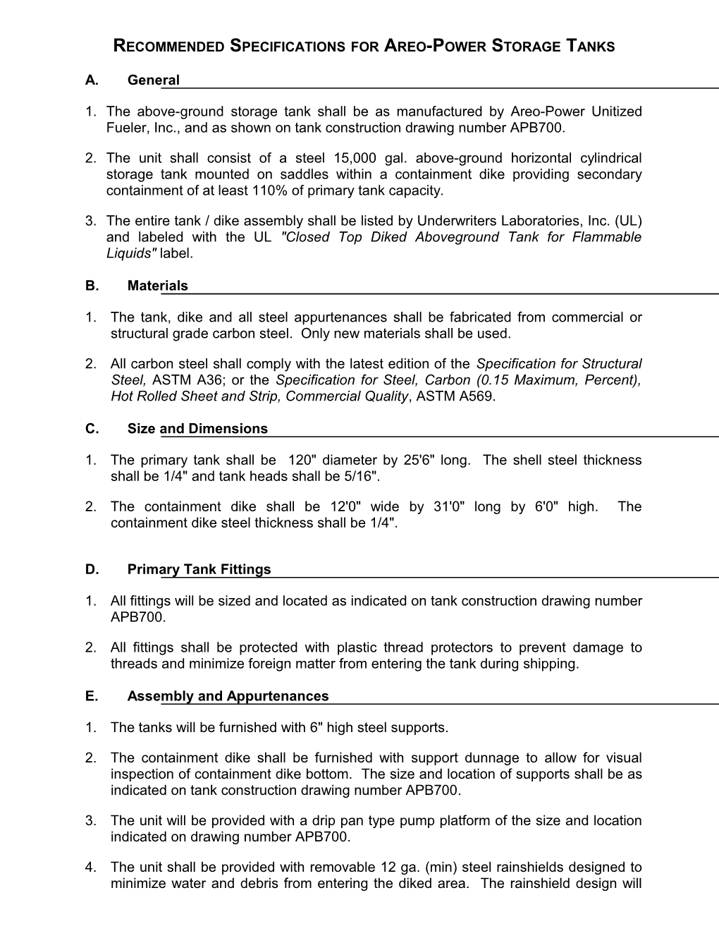 Recommended Specifications for Areo-Power Storage Tanks