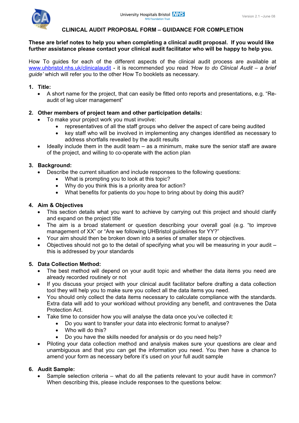 Ubht Clinical Audit Project Registration Form