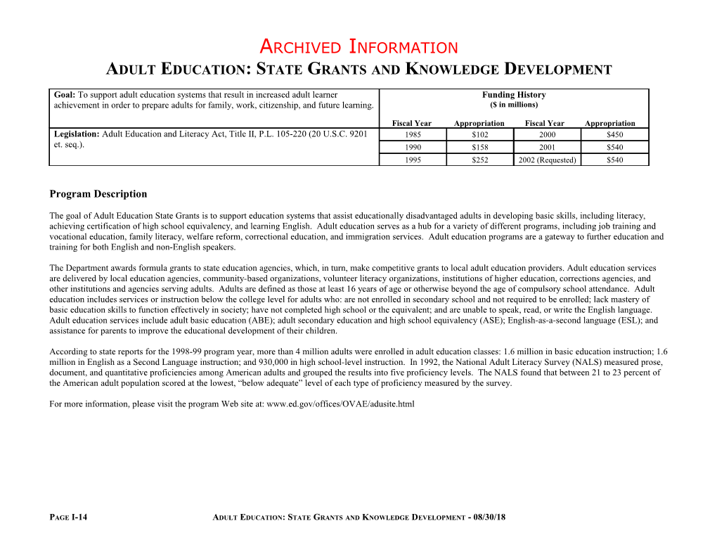 Archived: Adult Education: State Grants and Knowledge Development