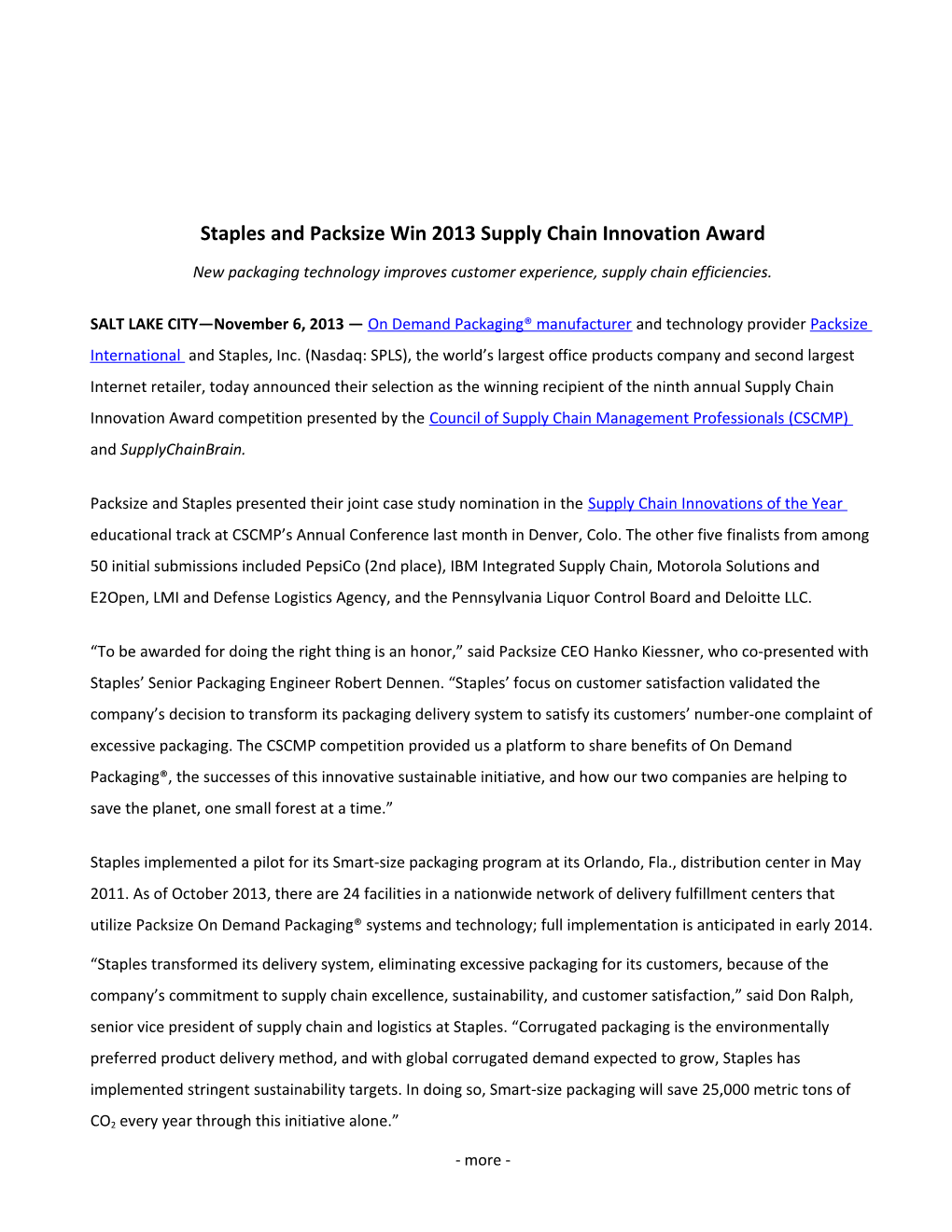 Staples and Packsize Win 2013 Supply Chain Innovation Award New Packaging Technology Improves