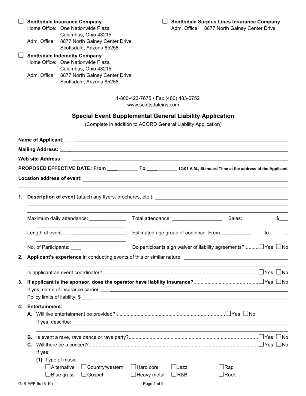 Special Event Supplemental General Liability Application