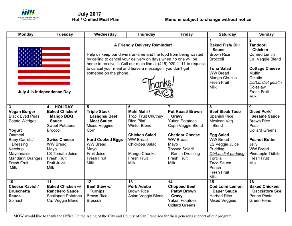 Hot / Chilled Meal Plan Menu Is Subject to Change Without Notice