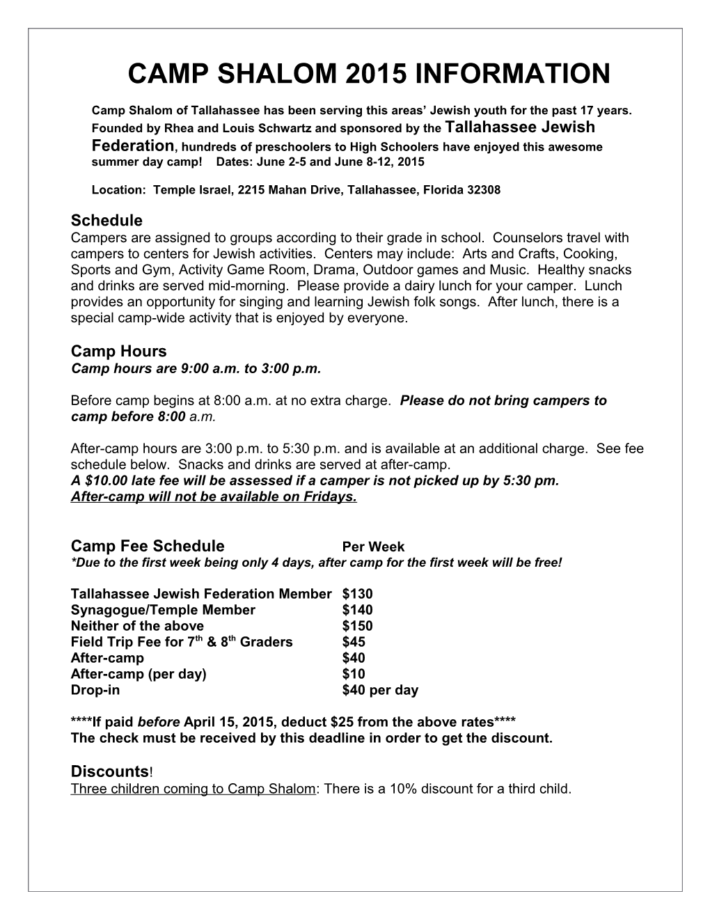 Camp Shalom 2005 Information