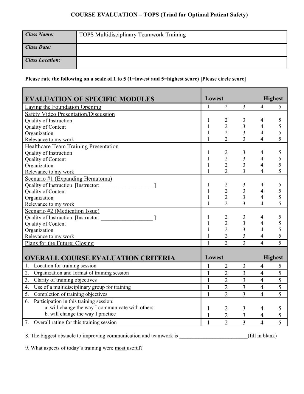 TOPS Course Evaluation