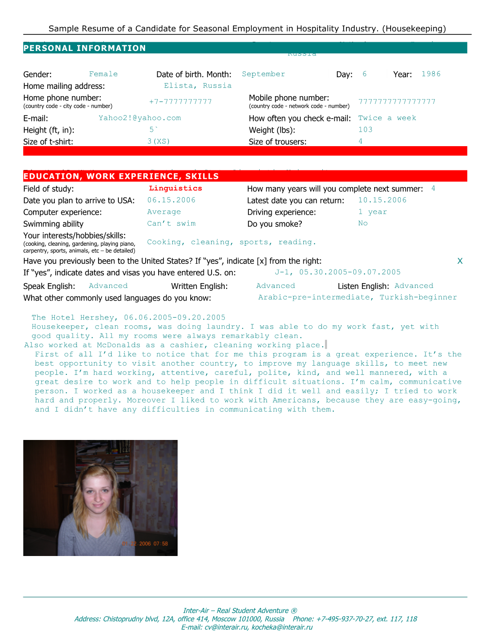 Sample Resume of a Housekeeper from Russia