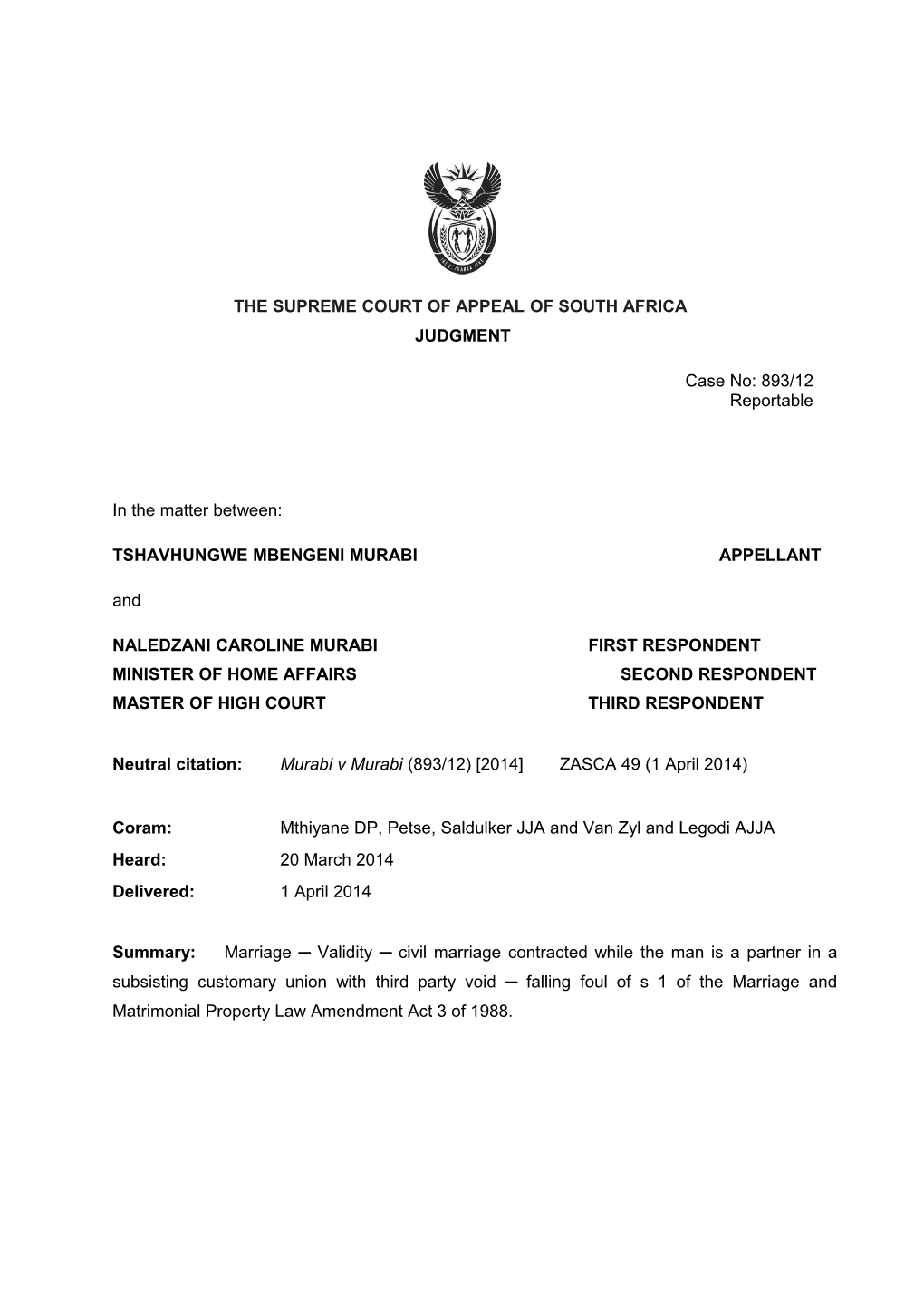 The Supreme Court of Appeal of South Africa s14