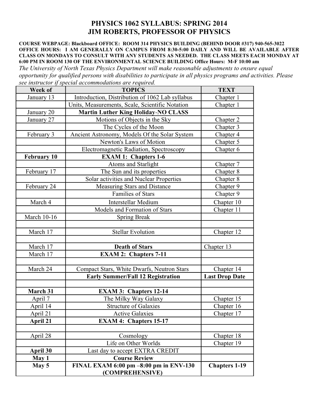 Physics 1050 Syllabus: Spring 2000