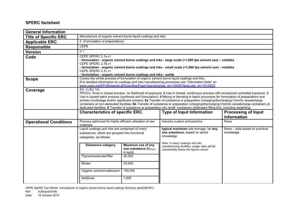 CEPE Sperc Fact Sheet: Manufacture of Organic Solvent Borne Liquid Coatings (Formerly