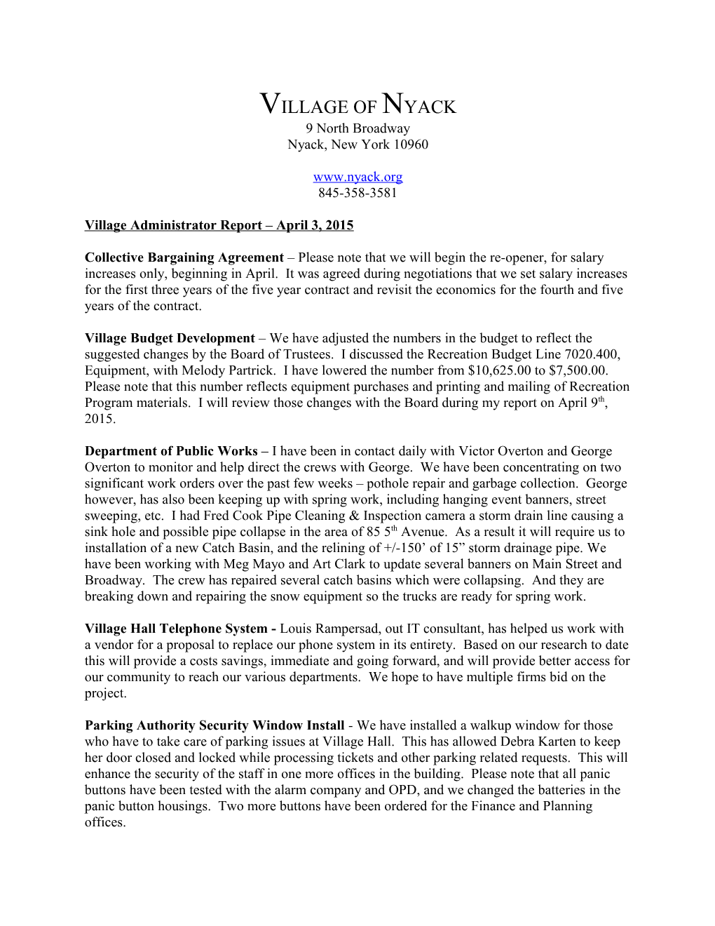 Village Administrator Report April 3, 2015