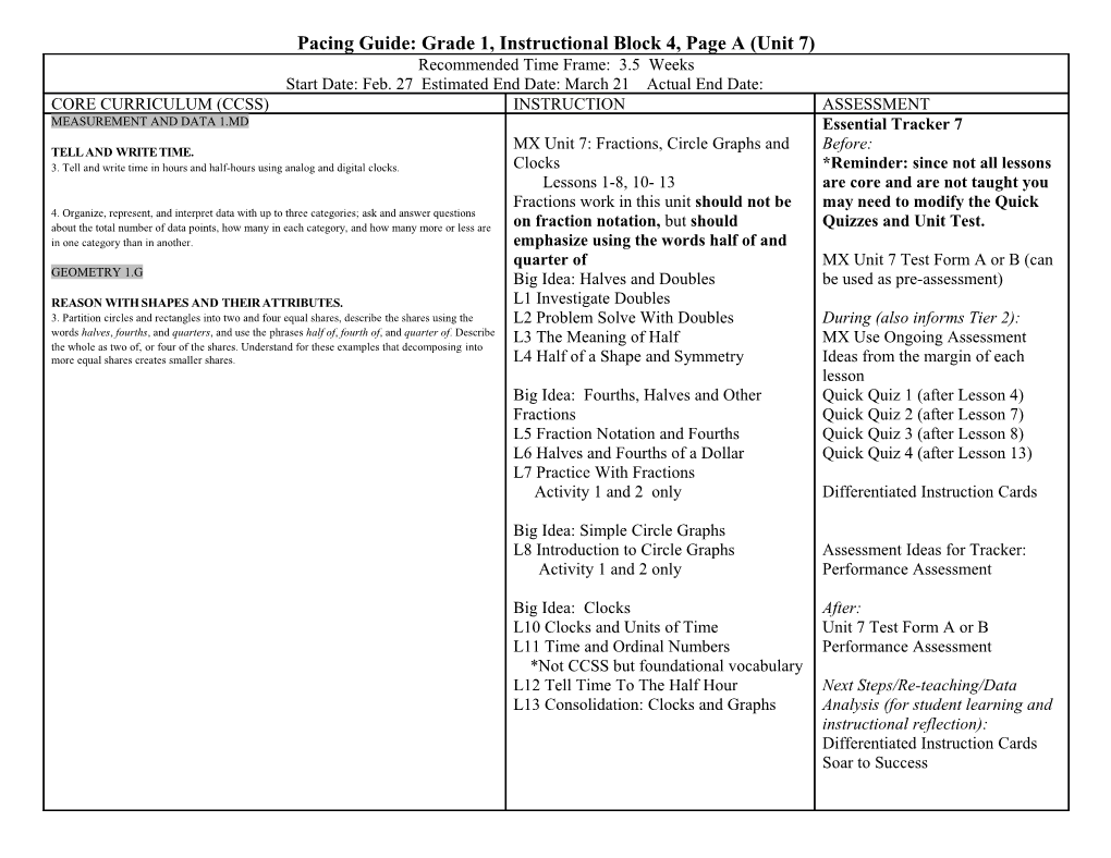 Pacing Guide: Grade 1, Instructional Block 4, Page a (Unit 7)