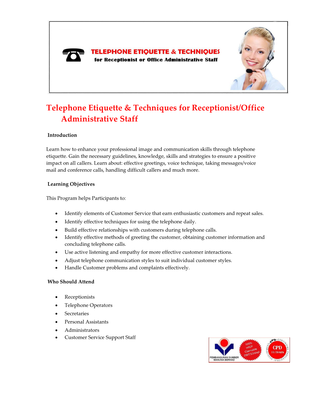 Telephone Etiquette & Techniques for Receptionist/Office Administrative Staff