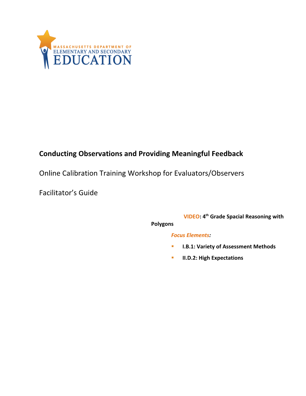 Calibration Workshop Facilitators Guide: 4Th Grade Spacial Reasoning