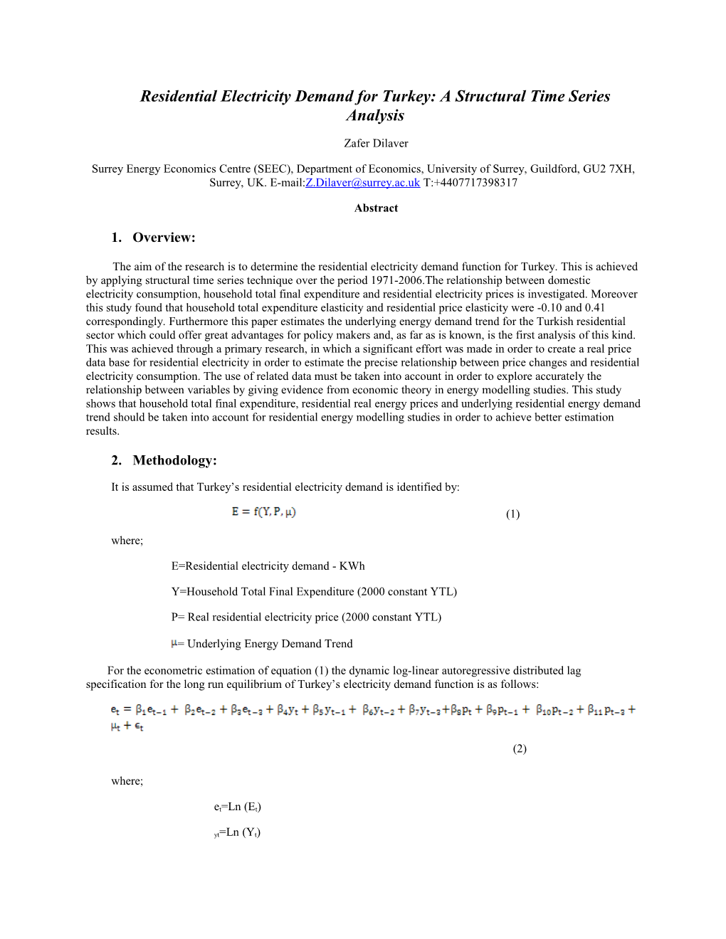 Residential Electricity Demand for Turkey: a Structural Time Series Analysis