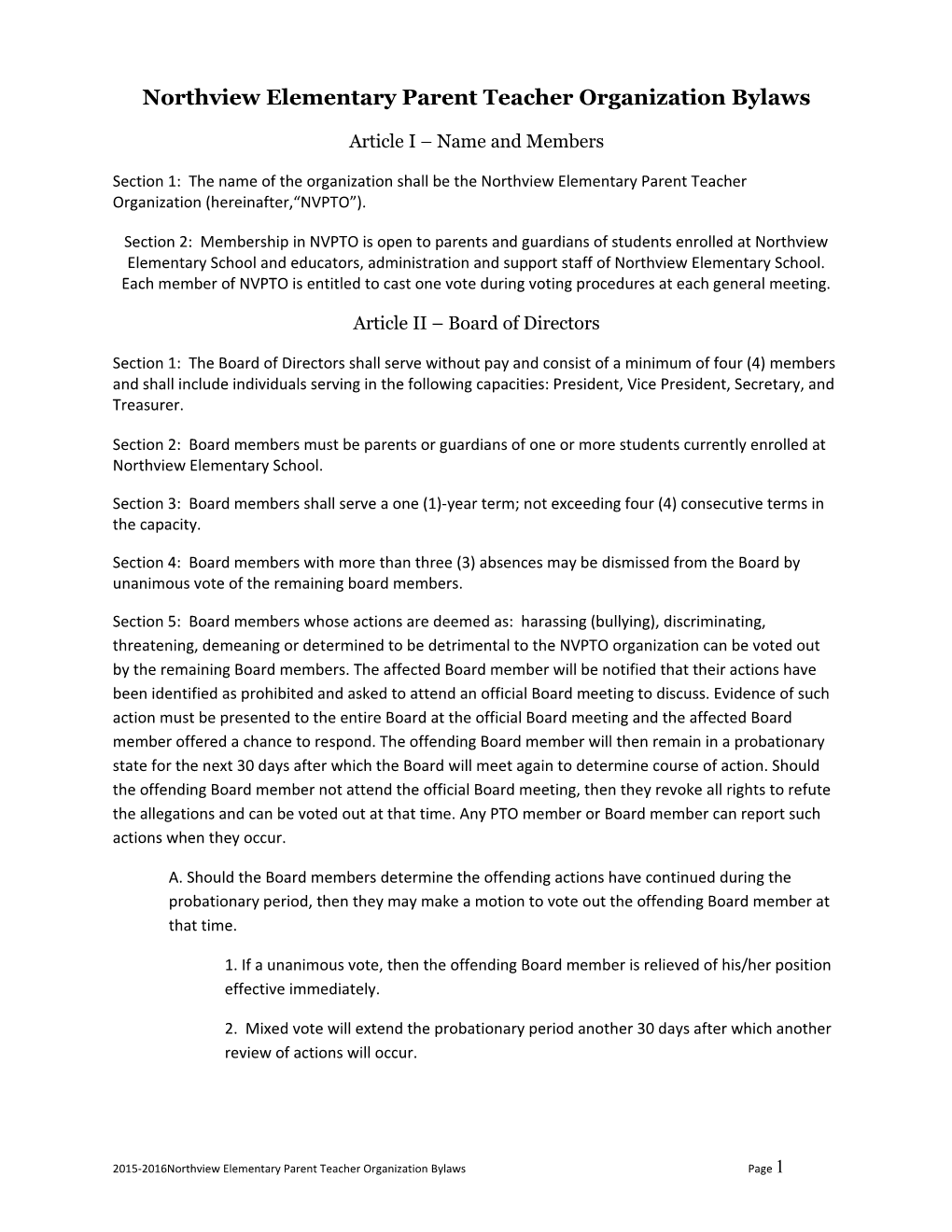 Constitution and Bylaws of the Northview Elementary Parent Teacher Organization (NVPTO)