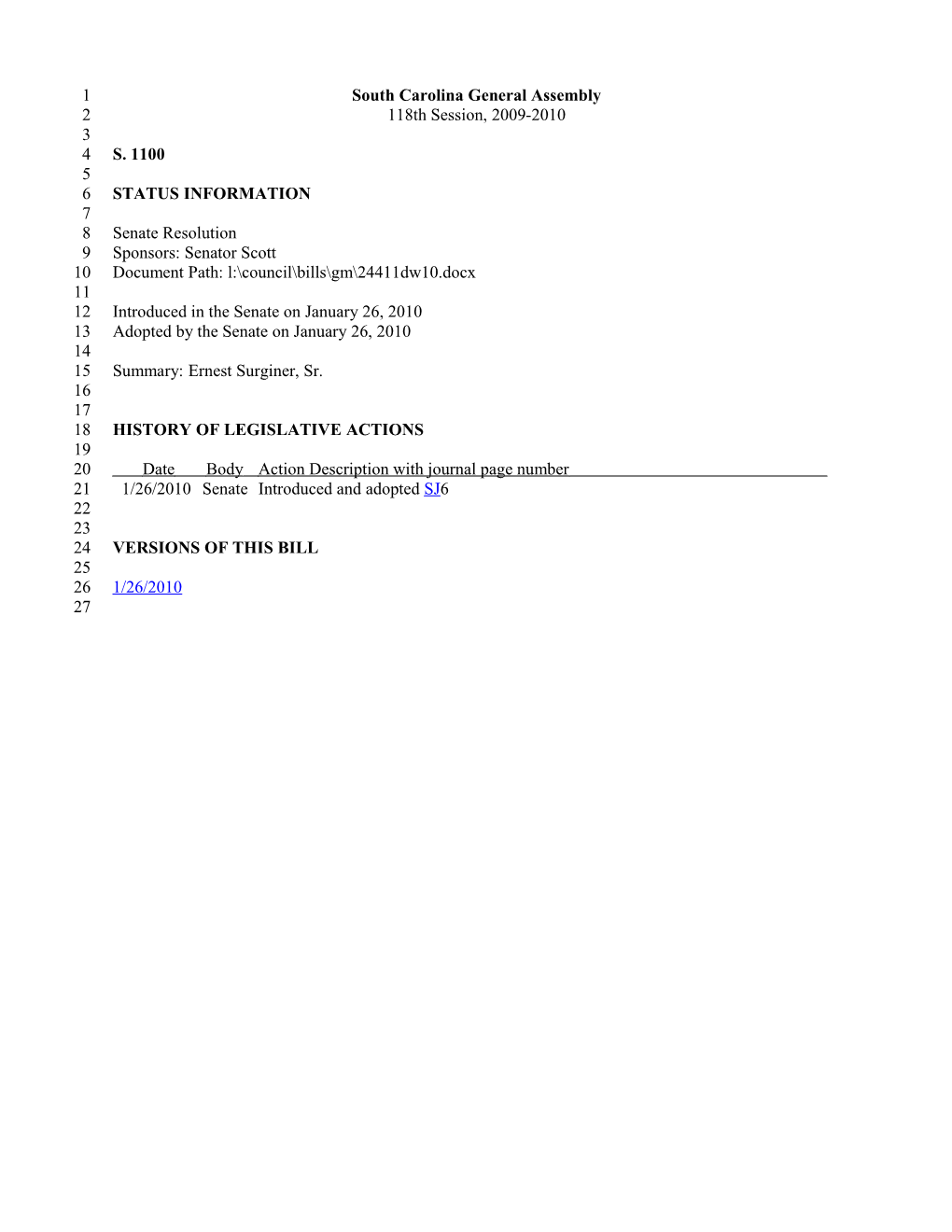 2009-2010 Bill 1100: Ernest Surginer, Sr. - South Carolina Legislature Online