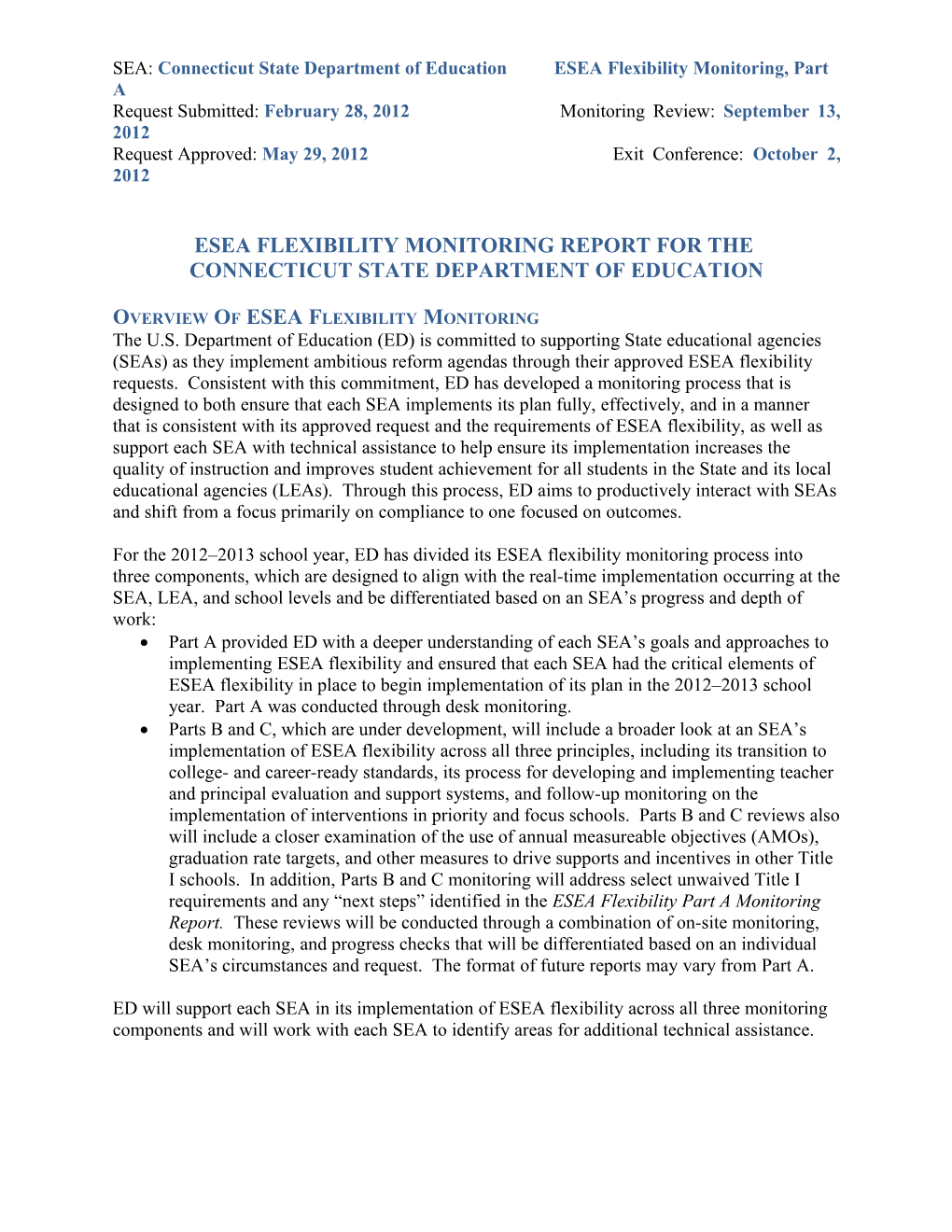 Connecticut ESEA Flexibility Monitoring Report Part A