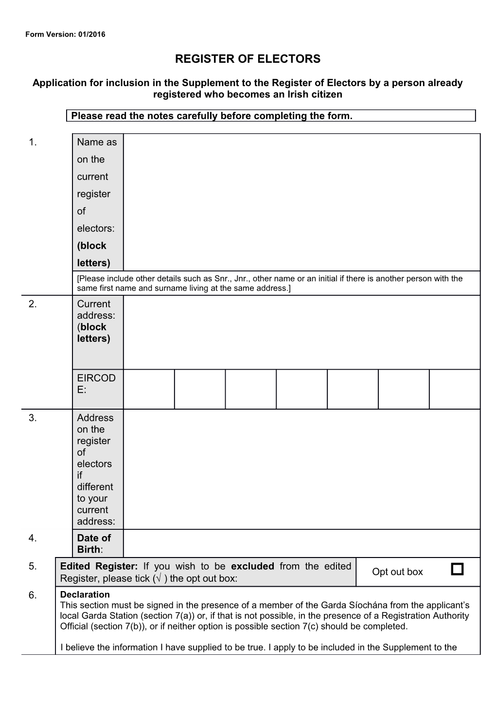 Application for Inclusion in the Supplement to the Register of Electors by a Person Already